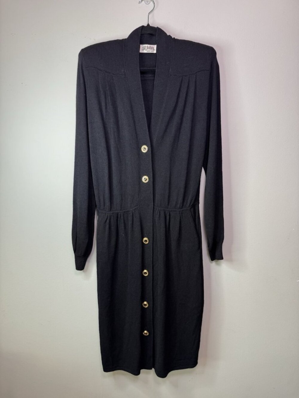 VTG St John Marie Black Santana Knit Gold Front-Button Midi Dress Size 10